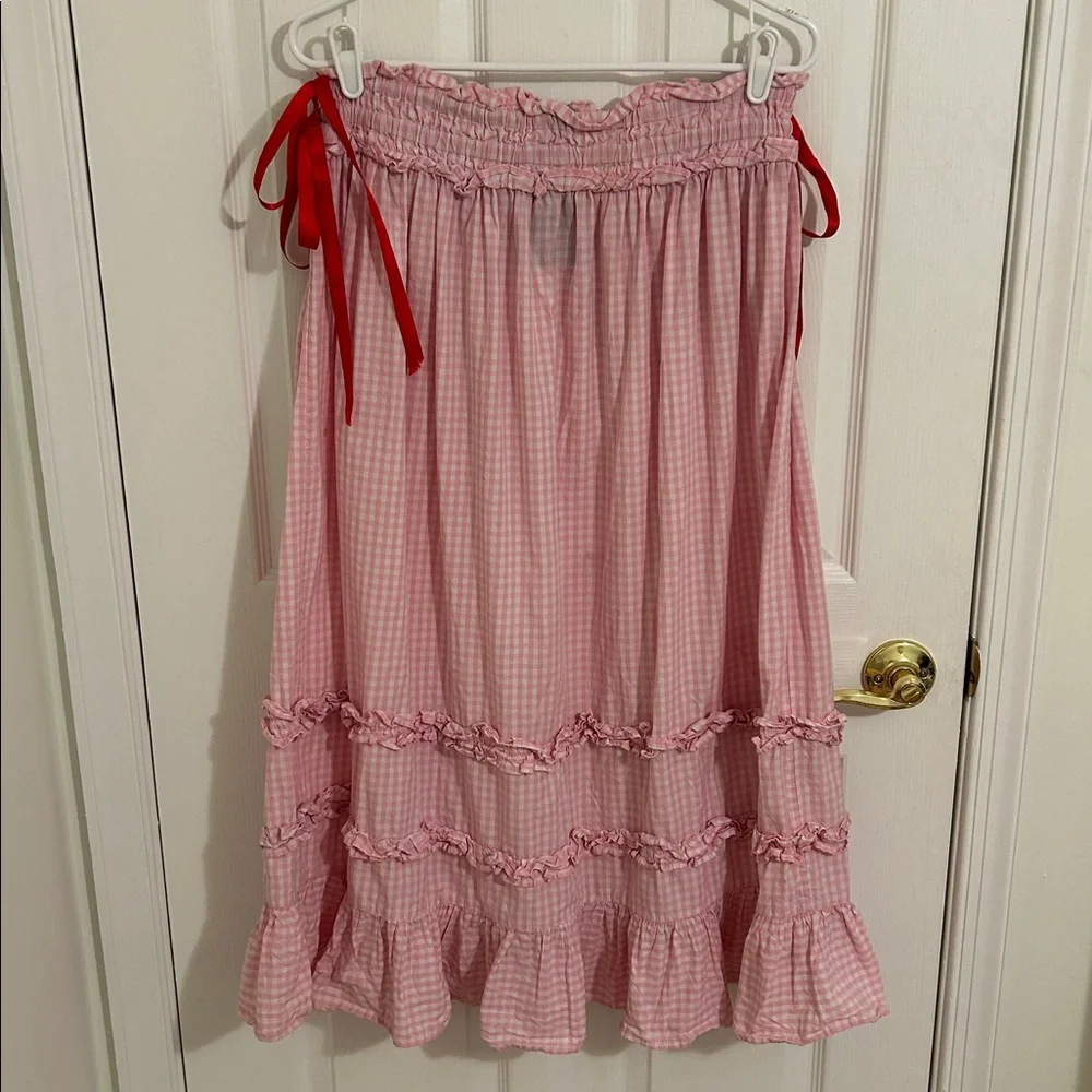Damson Madder x Free People Pink Gingham Olivia Ruffle Midi Skirt Size 14, US 10 - Picture 12 of 16